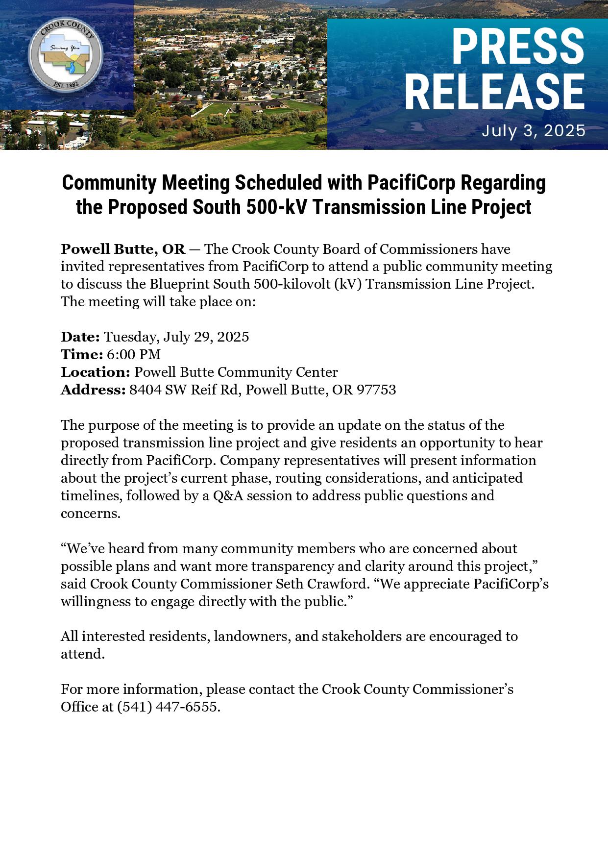 Press Release Powell Butte PacifiCorp Meeting page 001