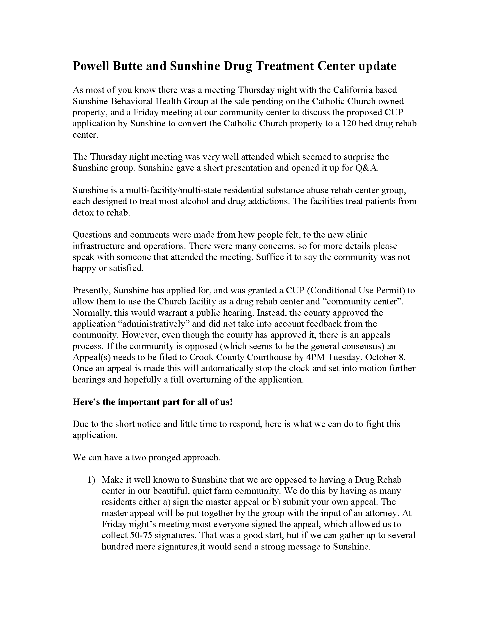 Powell Butte and Sunshine Drug Treatment Center update1 Page 1